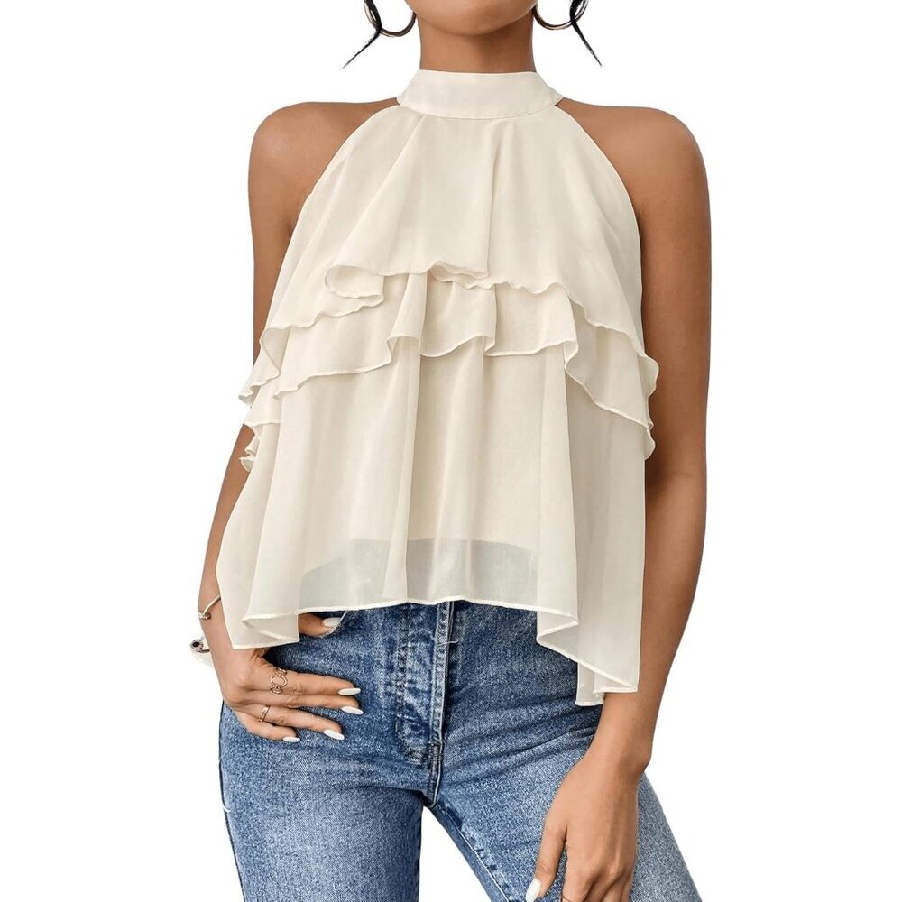 Women's Chiffon Blouse No Stretch Ruffle Hem Sleeveless Flow Top Large